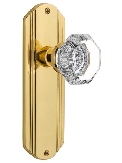 Streamline Deco Door Set with Waldorf Crystal Glass Knobs - No Keyhole in Un-Lacquered Brass .